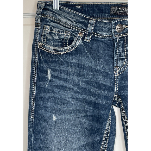 Silver Jeans Women`s Aiko Bootcut Jeans Sz 29X33L Thick Stitch Distress Cowgirl - Picture 3 of 16